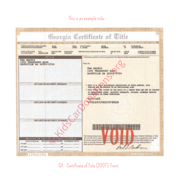 This is an Example of Georgia Certificate of Title (2007) Front View | Kids Car Donations